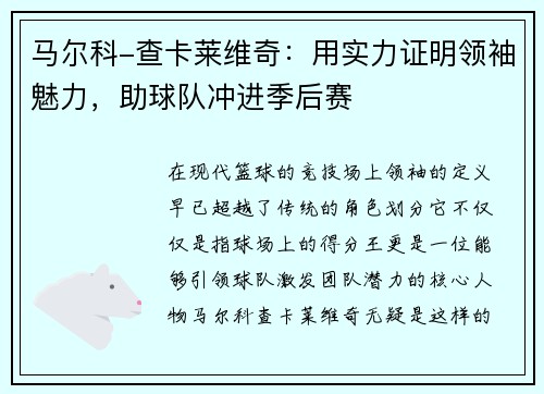 马尔科-查卡莱维奇：用实力证明领袖魅力，助球队冲进季后赛