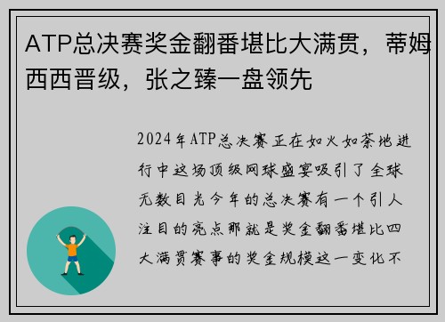 ATP总决赛奖金翻番堪比大满贯，蒂姆西西晋级，张之臻一盘领先