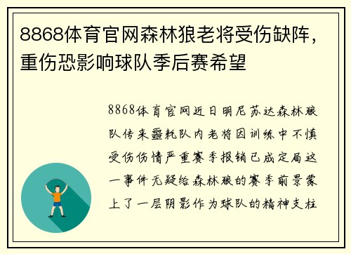 8868体育官网森林狼老将受伤缺阵，重伤恐影响球队季后赛希望